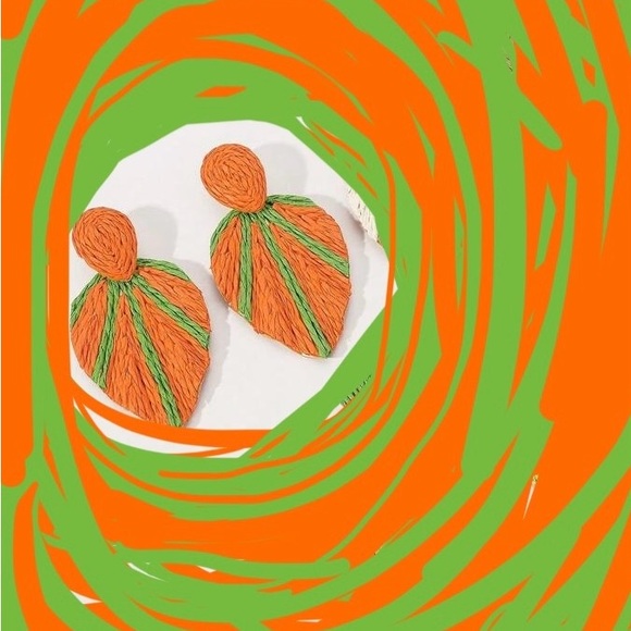 Large Orange Lime Green Rattan Leaf Earrings Statement Summer Beach Post Big - Picture 2 of 5